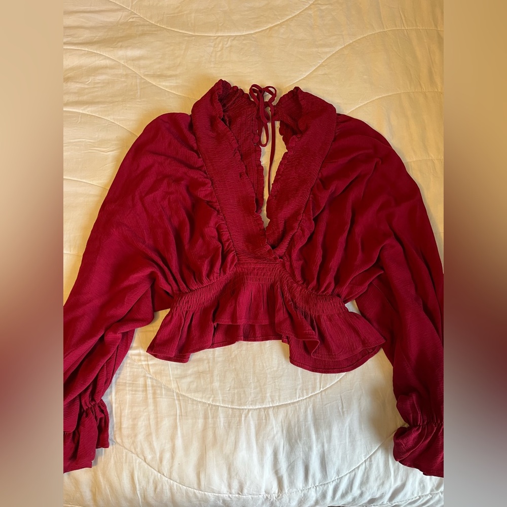 Pink Lily Maroon Cropped V-Neck Blouse
